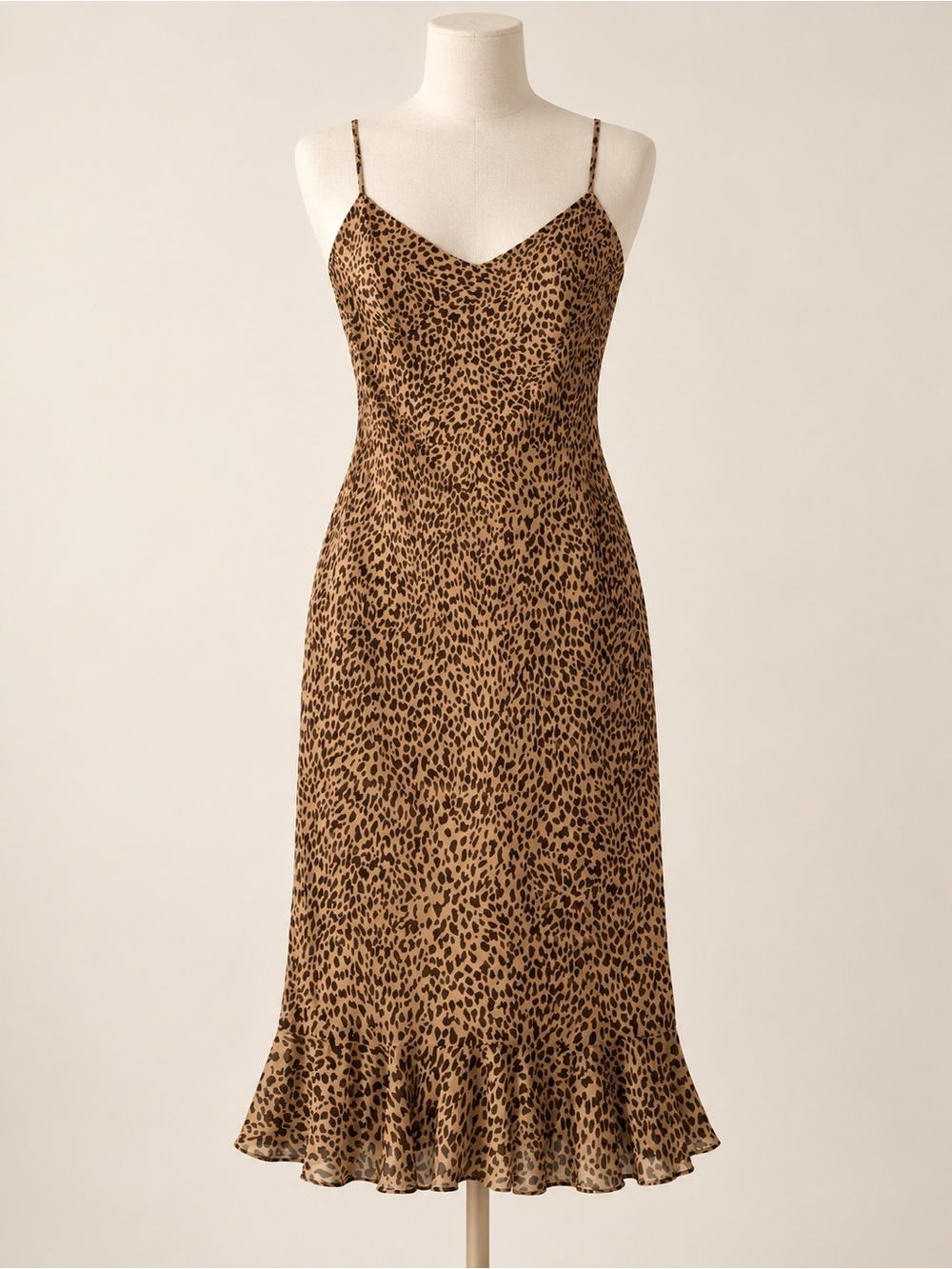 100% Silk Leopard Animal Print Slip Midi Dress Ruffle Hem Ann Taylor Size 6